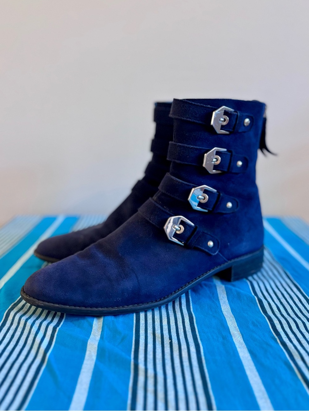 Stuart Weitzman Jittermacho Navy Moto Boots
